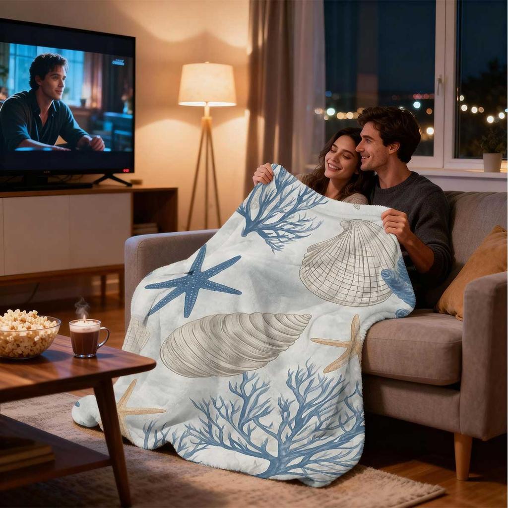 Kust Navy Beige Oceaan Ontsnapping Deken, Zeester Schelp Patronen Luxe Flanel voor Bank Woonkamer Strand Comfort