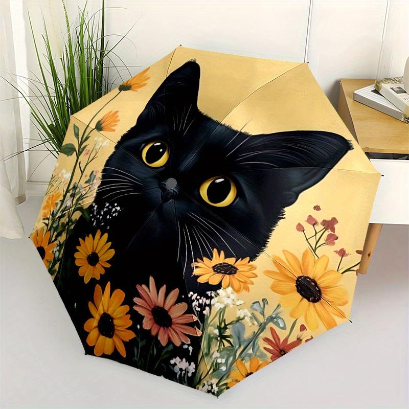 1 Stück Schwarze Katze Blumenmuster Automatischer Öffnungs-/Schließ-Faltregenschirm, Kompakter Tragbarer Reise-Regenschirm, Perfekt für Geburtstag/Weihnachten, Niedlicher Regenschirm