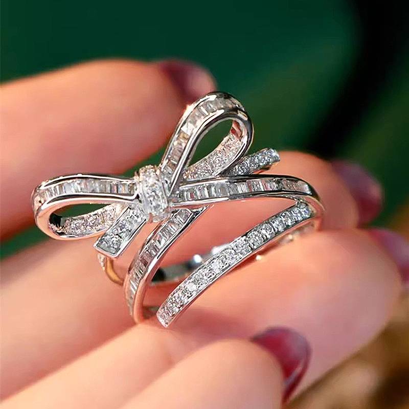 Huitan Aesthetic Bowknot Shaped Ring for Women Party Wedding Fancy Finger Accessories Fashion Versatile Jewelry Inlaid Shiny CZ