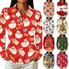 Women's Casual Christmas Print Button Down Long Sleeve Shirt with Collar and Side Slits