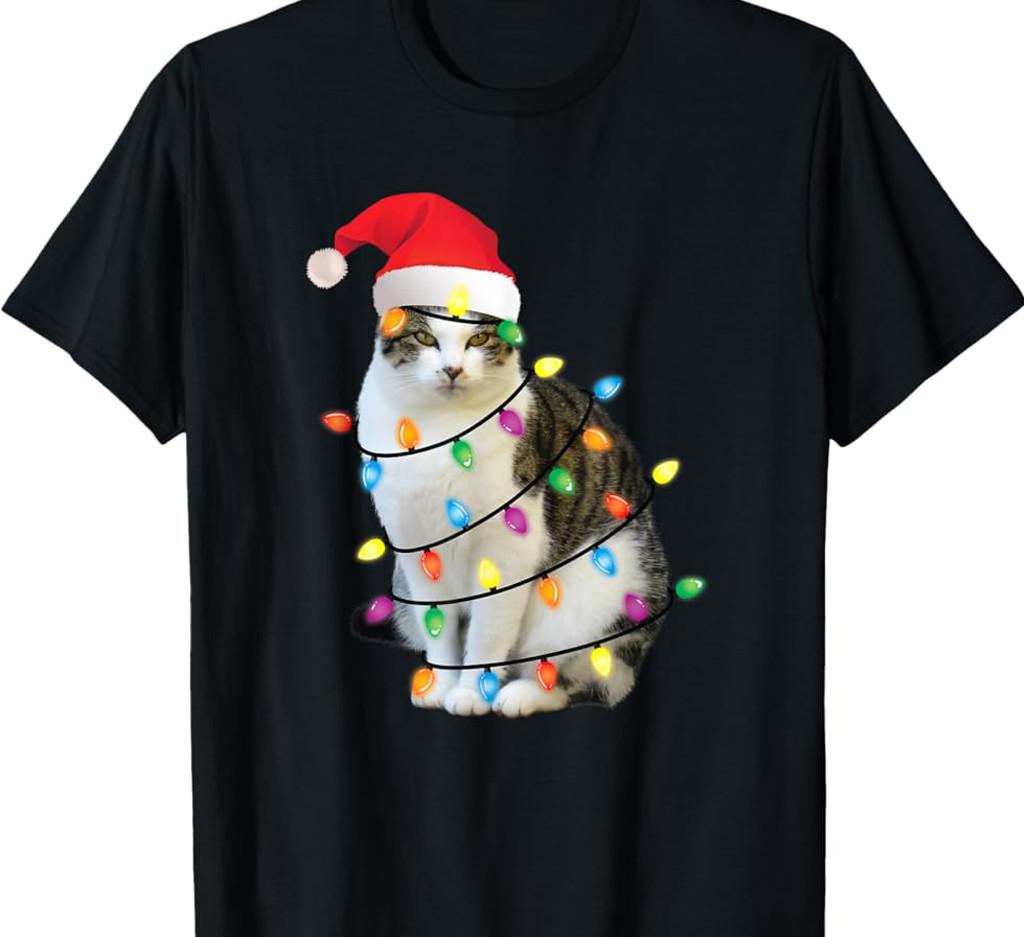 Cat Christmas Shirt Funny Meow Santa xmas light black shirt