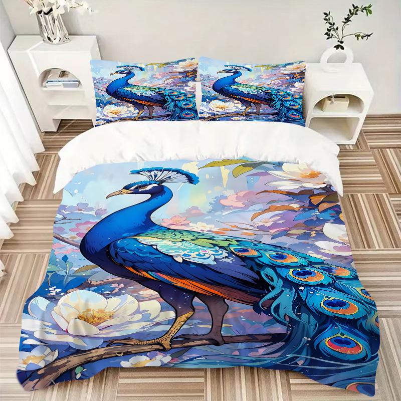 3pcs Peacock Feather Duvet Cover Set, Soft Comfortable Duvet Cover,Guest Room (1*Duvet Cover + 2*Pillowcase, Without Core) yy251104141
