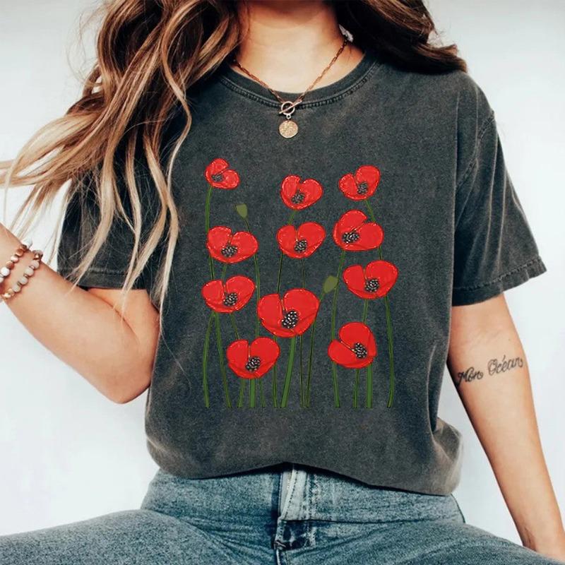 Round-neck Short-sleeved Pure Cotton Washed and Aged Floral Summer New Comfortable T-shirt