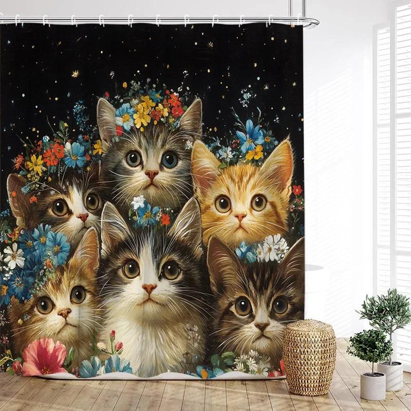 Cute Cats Shower Curtain Vintage Watercolour Floral Plant Animals Pet Kids Bath Curtains Fabric Home Bathroom Decor with Hooks