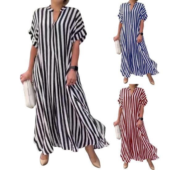 Women Dress Striped Print Color Matching V Neck Short Sleeves Loose A-line Side Split Commute Casual Maxi Dress Summer Long Dress