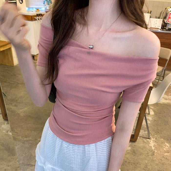 Design Swing Neck Short Sleeve T-Shirt Women's, Summer New Waist Slim Shoulder Top