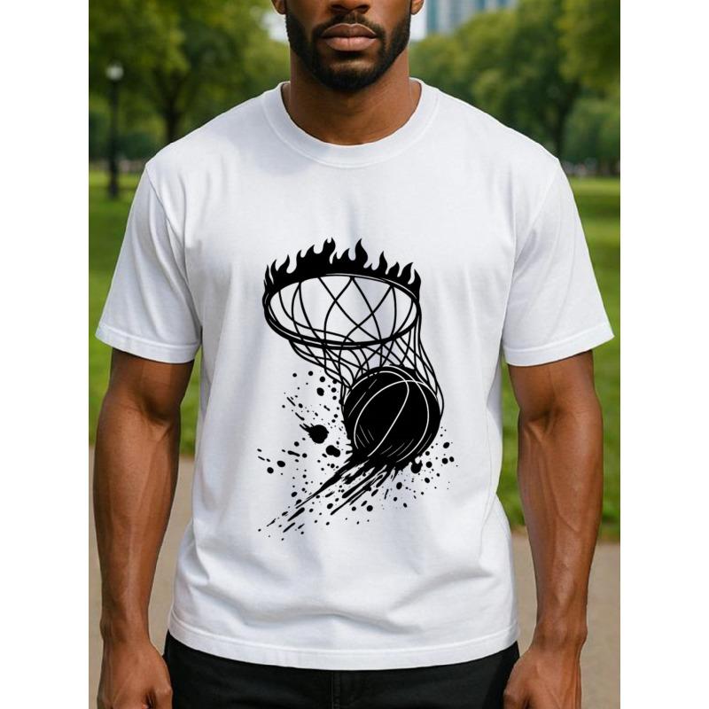 European Size Minimalist Abstract Basketball Men's Printed Short-sleeved Shirt, Regular Sweat-absorbing and Quick-drying Sports T-shirt