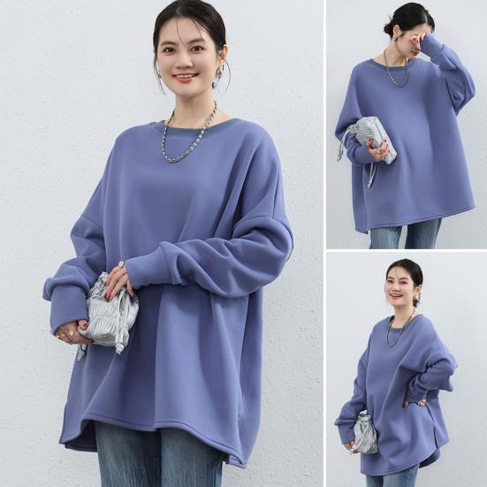 Frauen Herbst Winter Sweatshirt Rundhals Lose Schlitz Saum Plüsch-gefüttert Elastische Bündchen