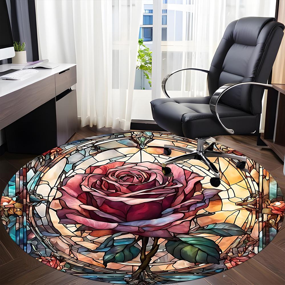 1 Stück Rose Buntglas Büro Runder Teppich, Unter Bürostühlen Schlafzimmer Wohnzimmer Heimdekoration, Raumdeko