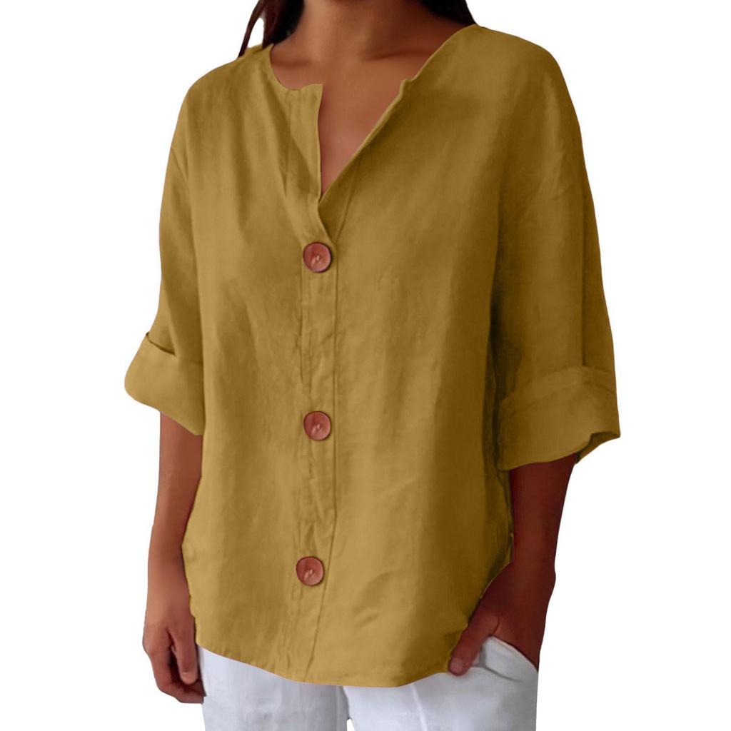Spring and Summer Loose T-shirt Women's V-neck Cotton and Linen Button Up Top