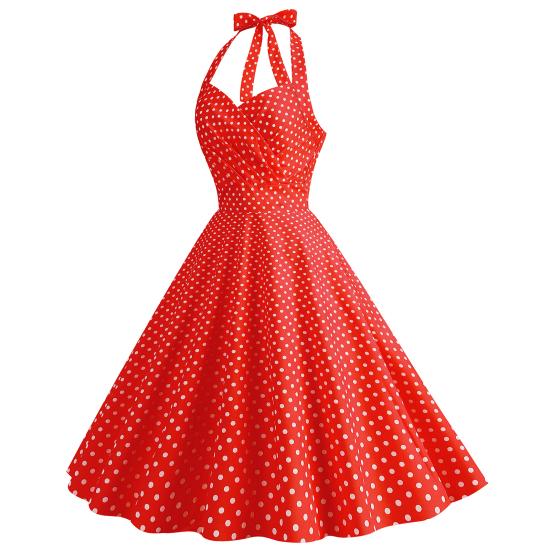 Abendkleid für Damen, Vintage, Kontrastfarbe, Punktdruck, A-Linie, großer Schwung, schmale Taille, ärmellos, rückenfrei, Neckholder, plissiert, Midikleid im Prinzessinnenstil
