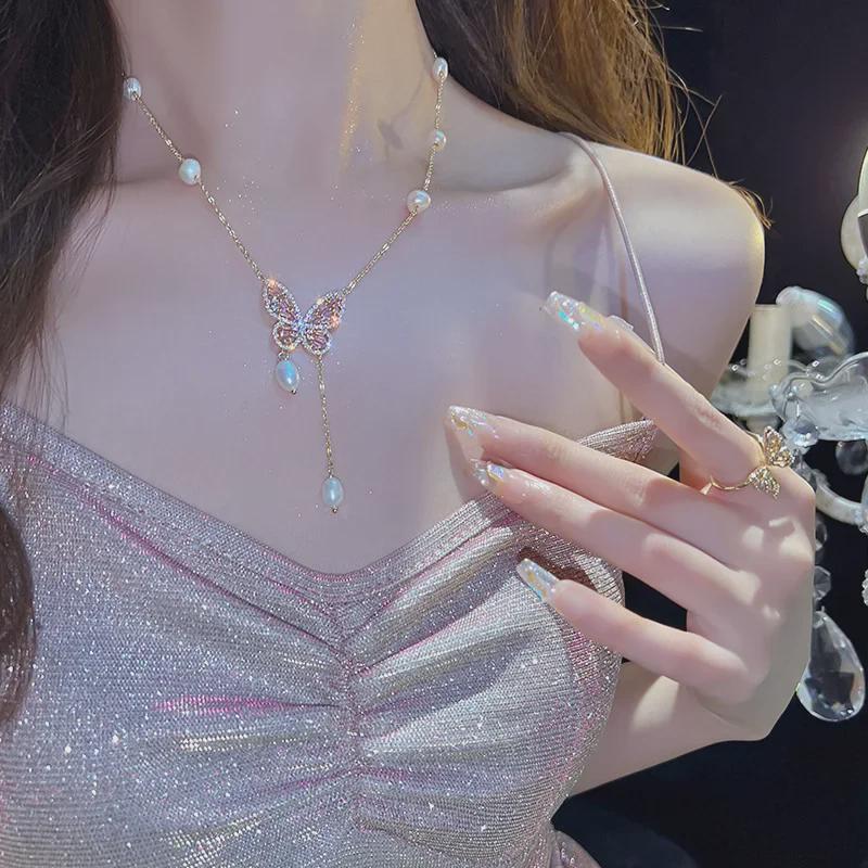 Elegant Gold-Plated Freshwater Pearl & Zircon Butterfly Tassel Necklace