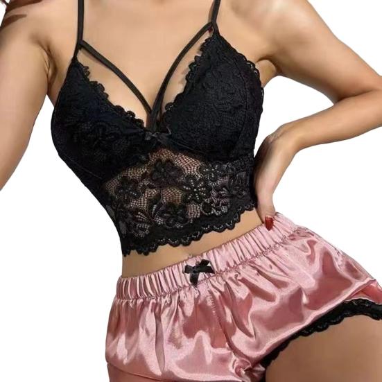 Ensemble Pyjama Femme 2 Pièces Dentelle Découpée Col V Dos Nu Sans Manches Crop Top Taille Haute Short Satin Maison