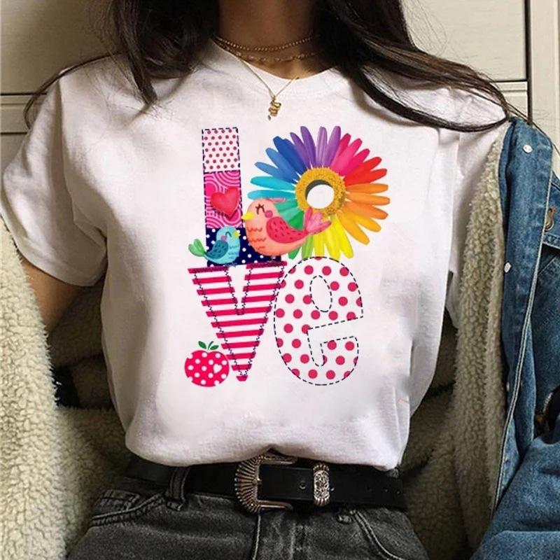 Kawaii Fashion Flower Letter Love Graphics Women T-Shirts 90S Summer Loose Blouses O-Neck Short Sleeve Female Crop Top