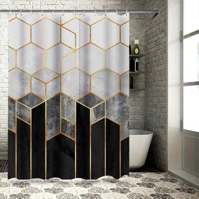 Modern Geometric Hexagon Shower Curtain Set Elegant Metallic White Black Design with Water-Resistant Fabric for Bath Decorations