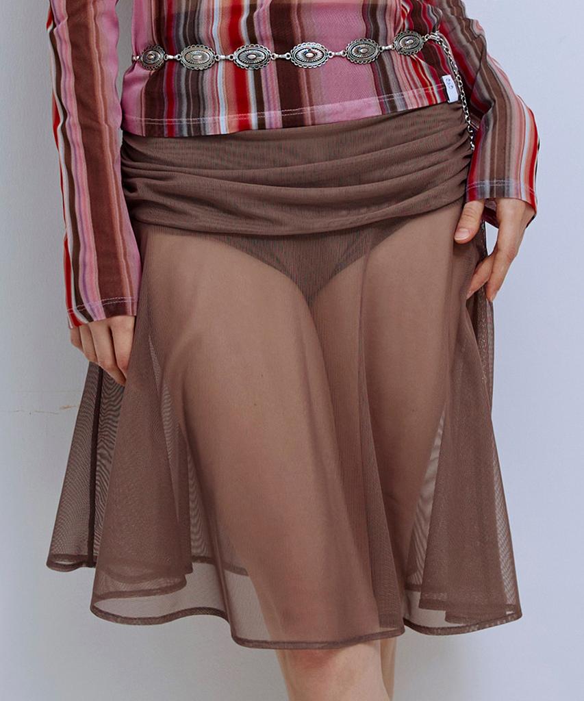 Pisis Solid Mesh Shirred Skirt_Brown