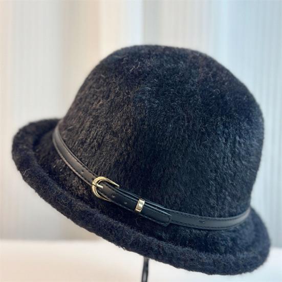 Basin Hat Solid Color Plush Fabric Bucket Hat with Belt Decor Retro Style Basin Hat Autumn Winter Outdoor Activities Daily Wear