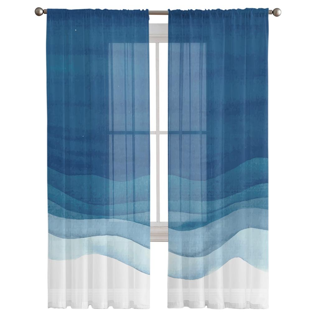 Blue Wave Watercolor Window Treatment Tulle Modern Sheer Curtains for Kitchen Living Room the Bedroom Curtains Decoration