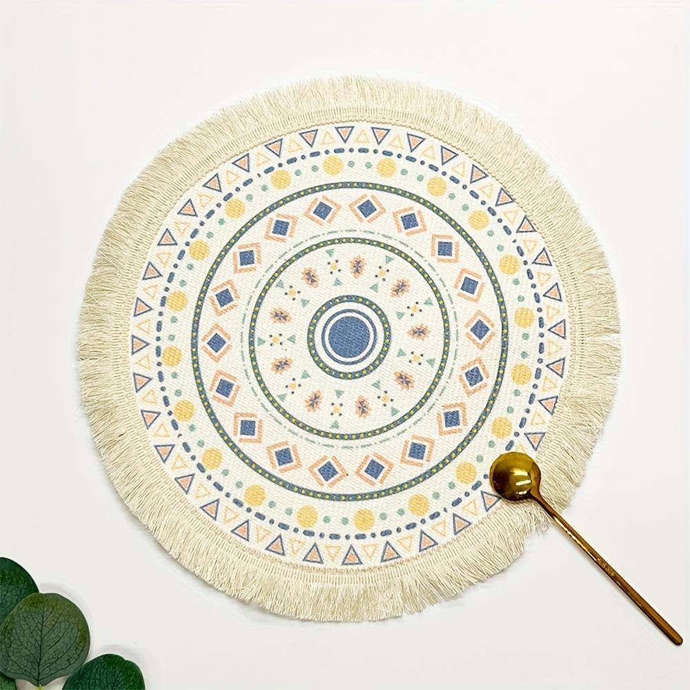 1 Placemat, Small Placemat, Fringed Coaster, Bohemian Placemat, Fabric Woven Round Mat, Home Kitchen Thermal Insulation and Anti-scalding Mat