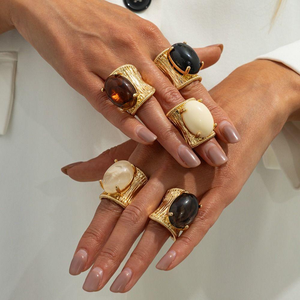 Legierung Großer Metallring Überzogener Imitations Edelstein Breiter Flächenring Metallstreifen Vintage Stil Offener Ring Schmuck Geschenk