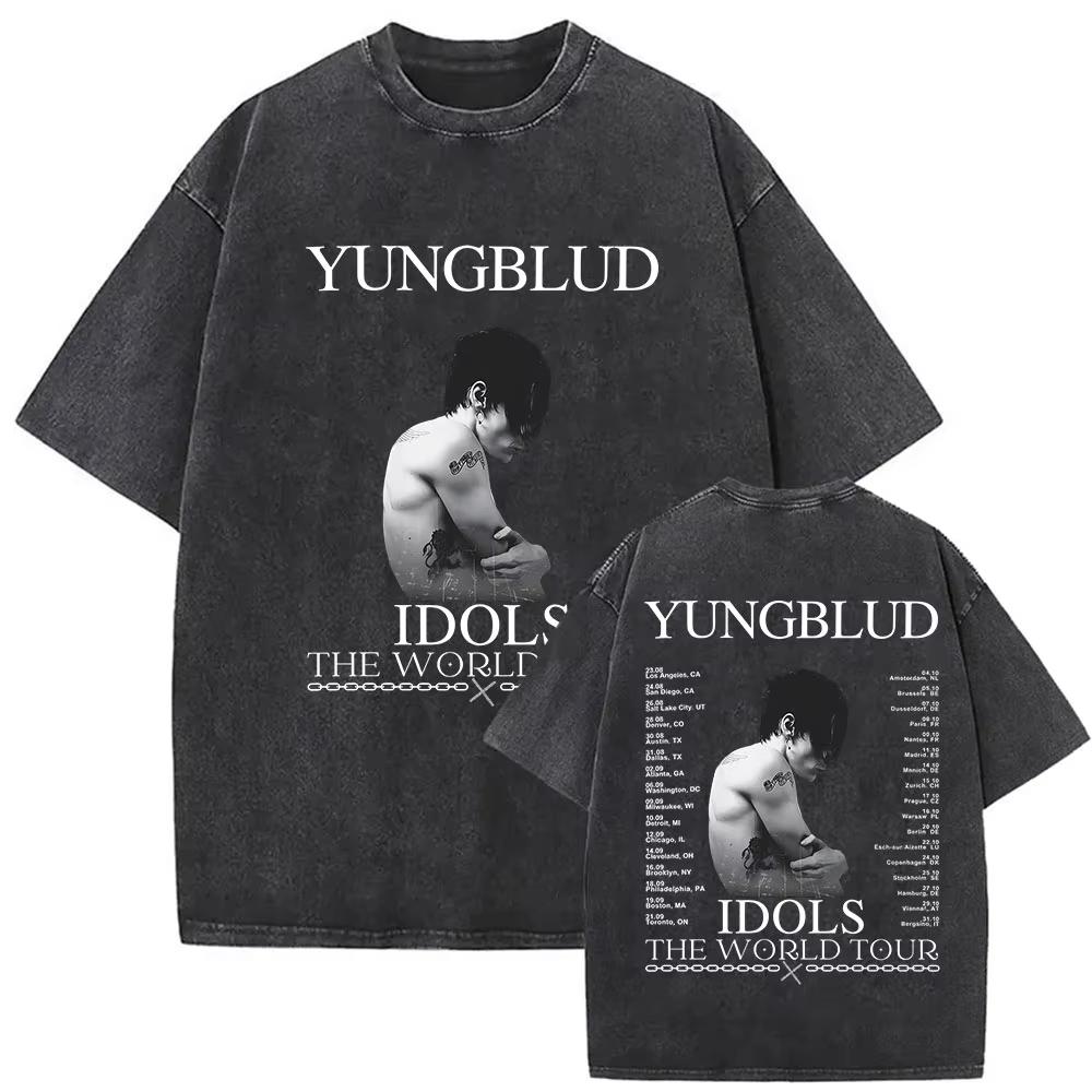 Vintage Washed Yungblud IDOLS The World Tour T Shirts Mens Women Hip Hop High Quality Gothic Oversized Tshirts Streetwear