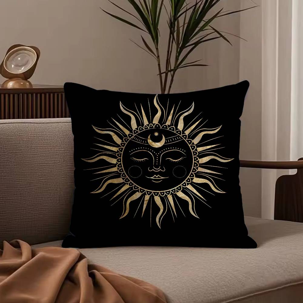 Housse de coussin Série Mandala Soleil Lune Housse de coussin Anti-acariens Fermeture éclair invisible Peluche courte soyeuse Housse de coussin de canapé