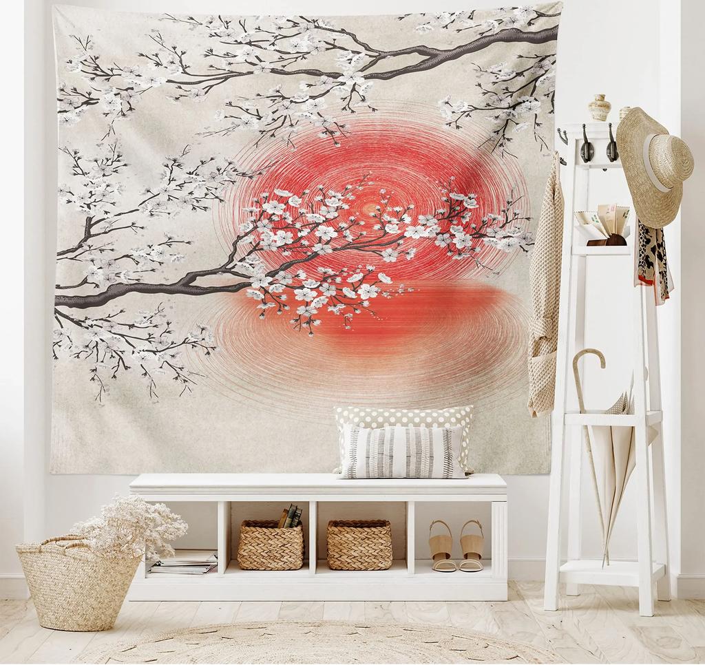 VIKAMA Japanese Cherry Blossom Mount Fuji Tapestry with Pagoda for Bedroom Living Room Decor Aesthetic Romantic Japanese Wall