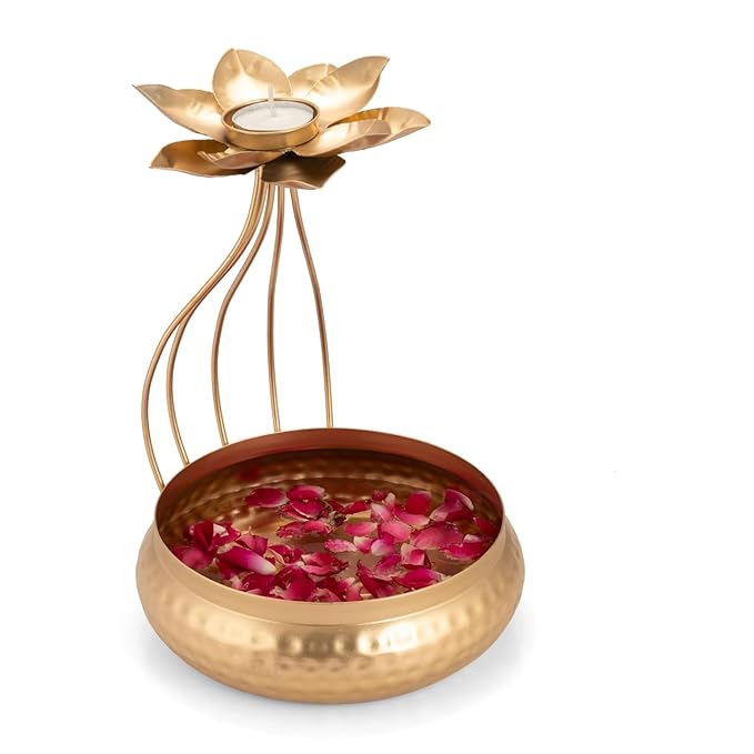 Metal Lotus Tealight Candle Holder for Diwali Decoration Items with Base of Urli Bowl -Diwali Gift Items-Urli Bowl for Home Decor