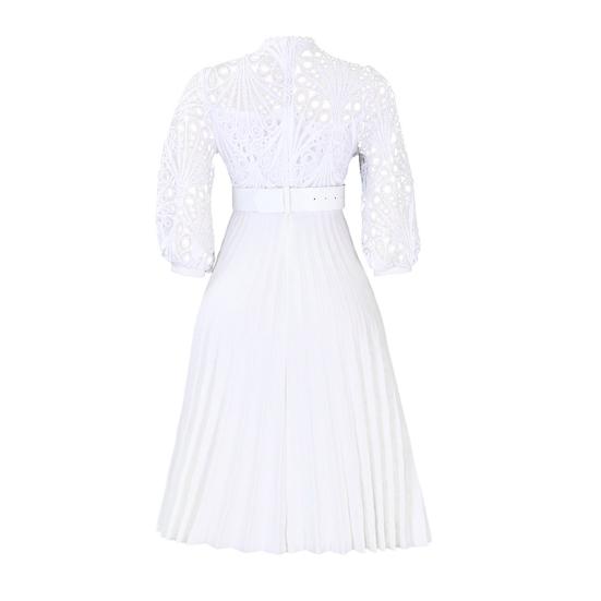 Women's 3/4 Sleeve Lace Crochet Midi Dress Hollow Out Eyelet Pleated Swing Dress Fall Casual Flowy A-line Dress