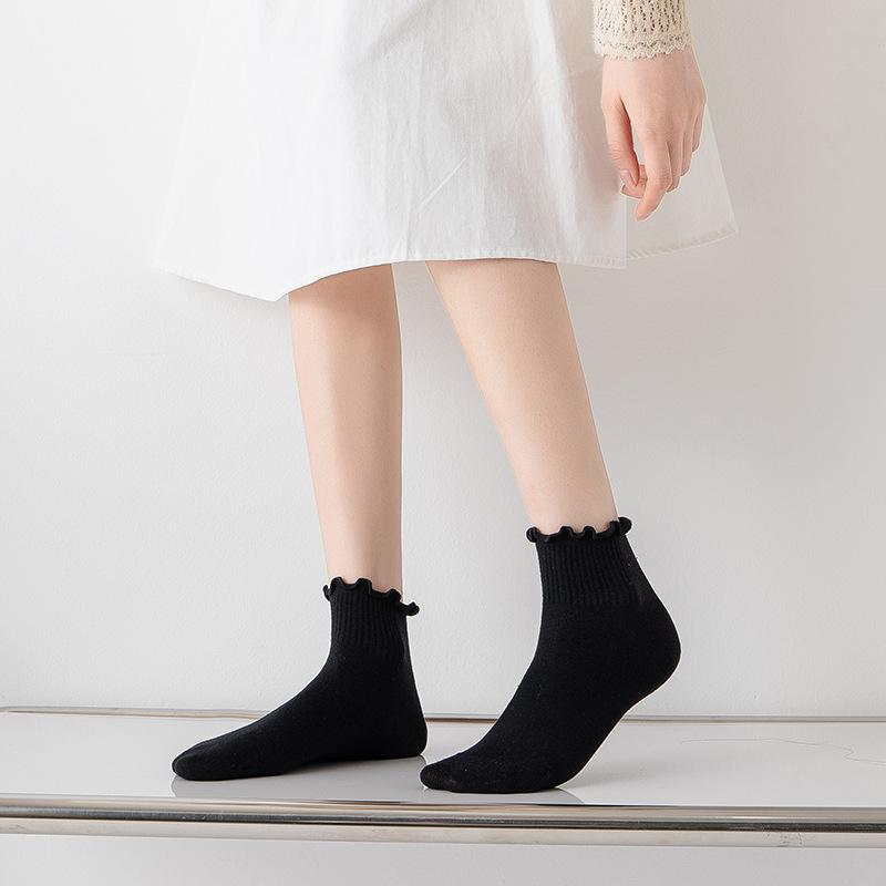 Cotton Socks Women INS Fashion Summer Cute Kawaii Solid Luxury Korean Japanese Ruffles Ankle Girl Spring Black White Middle Tube