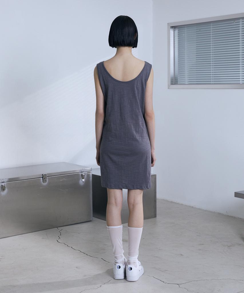 Bunteu Henley Neck Tie Mini Dress (Charcoal)