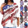 T-shirt Top Décontracté Tendance à Manches Trois Quarts pour Femmes avec Imprimé Fête de l'Indépendance, Col Rond et Poche