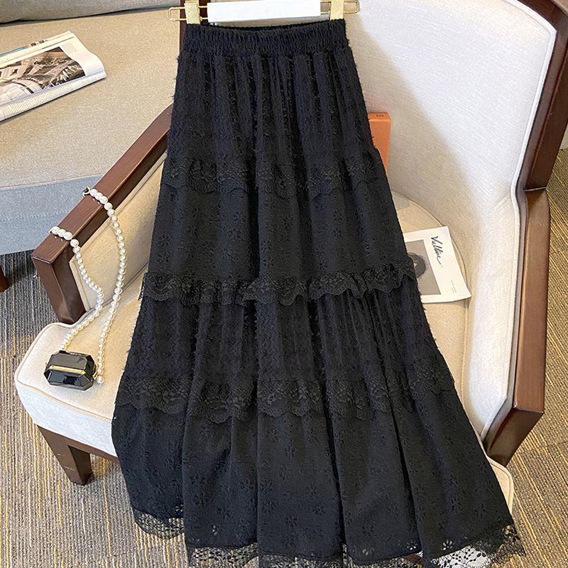 Lace Skirts Women French Style Ankle-length High Elastic Waist Hollow Out Patchwork New Loose Slim Korean A-line Sweet Fit