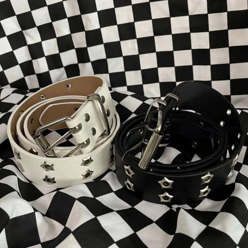 Rivet Leather Belts Women Men Star PU Black White Waist Strap Double Row Hollow Trendy Waistband Jeans Skirt Decoration