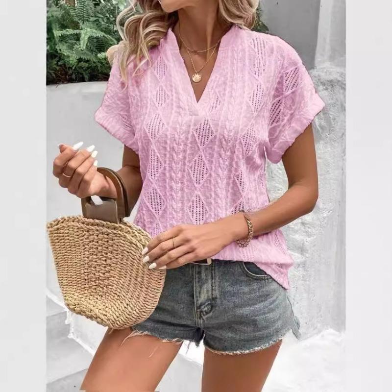 Summer Casual Hollow Jacquard V-neck Loose Short Sleeved Shirt for Women Blouses Shirts