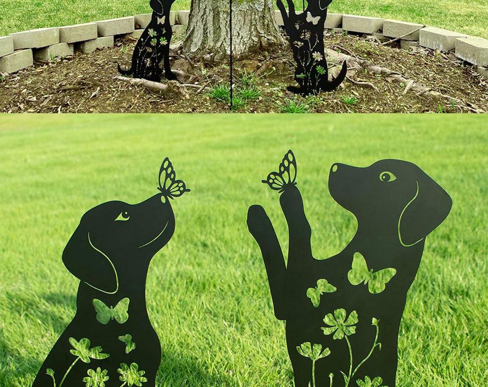 Small Dog Silhouette Garden Ornament: Hollow Iron Art Lawn Decoration.