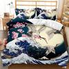 Japanese Cherry Blossom Crane Comforter Cover Set 3pcs Polyester Bedding Sea Waves Duvet Twin Queen Size