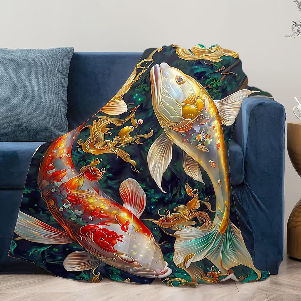 Kinesisk Koi-filt - Ultramjuk Flanell Soffpläd, Lyxig Röd/Guld/Grön/Blå, Värme för Alla Årstider, Konstnärlig Mattdesign