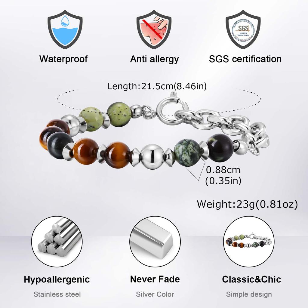 Original Hip Hop Natural Stone Bracelet for Men,Cool Senior Stainless Steel Metal Beaded Bracelet,Chic Accessories Gift