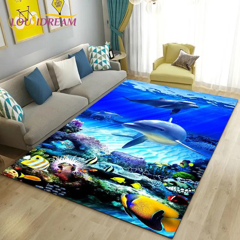3D Seabed Illusion Underwater World Dolphin Shark Area Rug ,Carpet Rug for Living Room Bedroom Sofa Doormat Non-slip Floor Mat