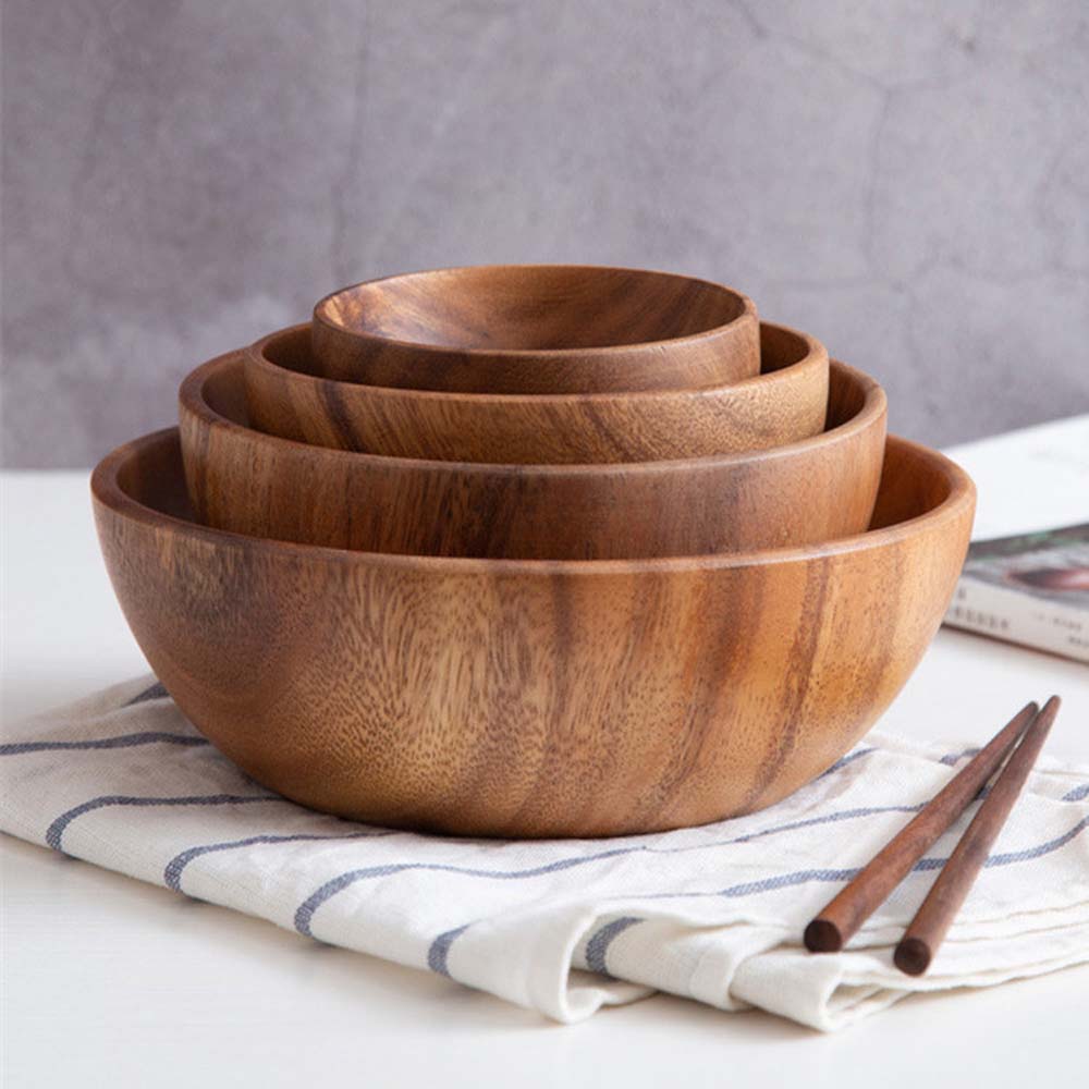 Saladier en Bois Naturel Fait Main Classique Grand Rond en Bois d'Acacia Salade Soupe Bol à Dîner Assiettes Ustensiles de Cuisine en Bois Premium