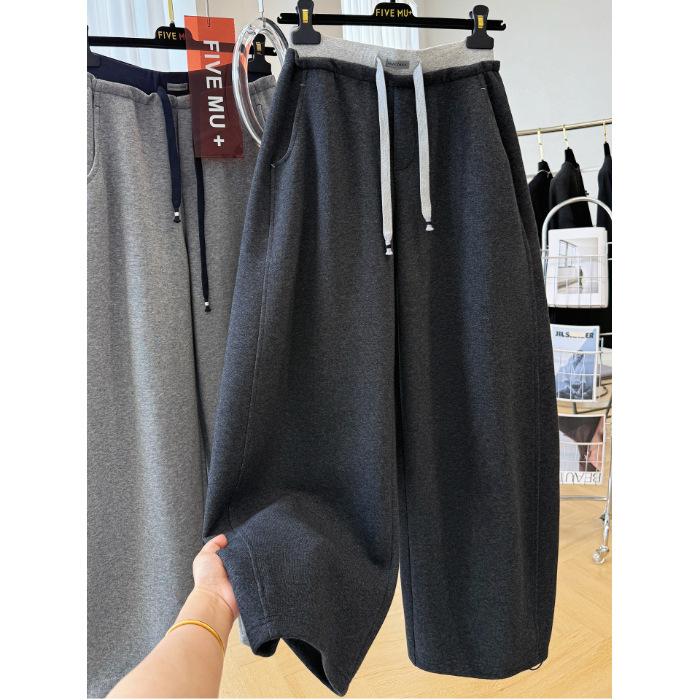Patchwork Hose mit Tunnelzug, hoher Taille und weitem Bein für Damen, Frühling und Herbst, Hosen mit geschwungenem Saum