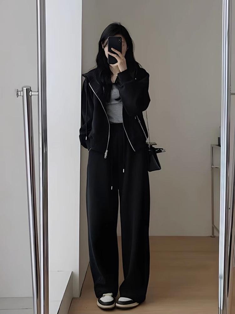 Women Korean Casual Two Piece Outfit Solid Color Hooded Sweatshirt And Wide Leg Pants Set Autumn Winter Tracksuit
