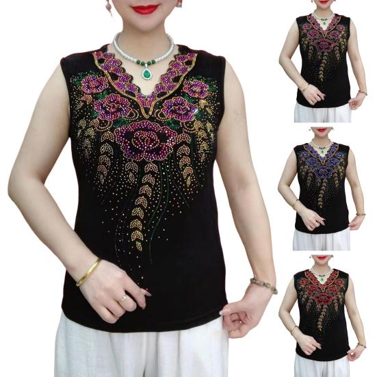 Women Summer Tops V-Neck Sleeveless Loose Fit Tank Tops Hot Drill Flower Printed Tops Holidays Parties Vest
