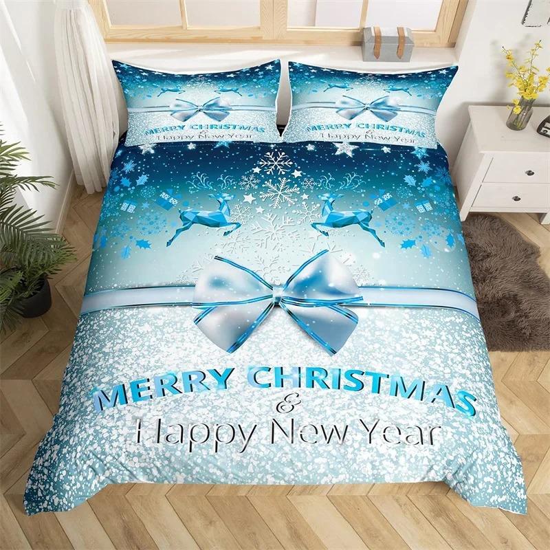 Mery Christmas Soft Duvet Cover Set Hapy New Year Warm Comforter Cover Microfiber Xmas Der Elk Beding Set Twin For Young Boys Young Girls Bow Gift