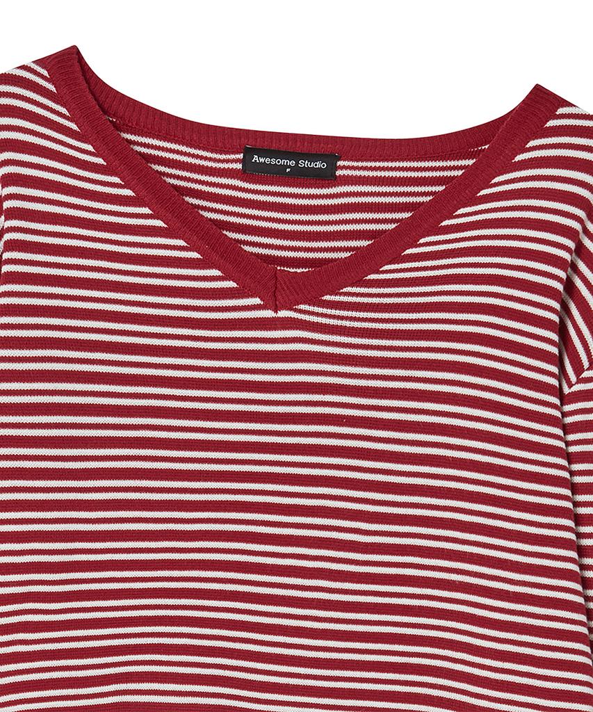 AWESOME STUDIO Classic (Stripe) V-Neck Knit Burgundy