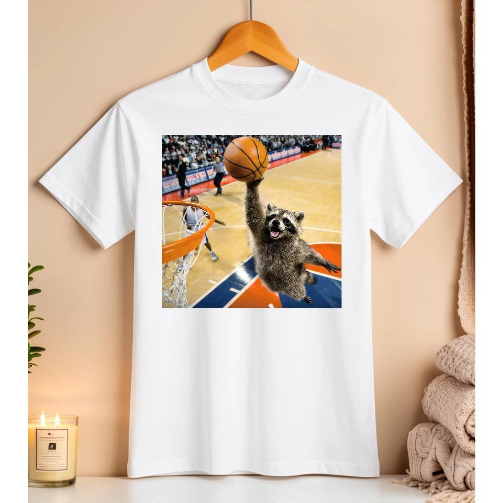 Lustiges Waschbär Basketball Dunk T-Shirt Meme Tier Grafik Tee Herren und Damen Locker und Atmungsaktiv T-Shirt Top