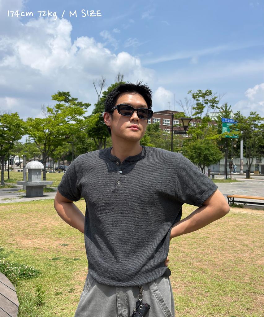 CUZNELLO Cool Cotton Henley Neck Short Sleeve Knit_Charcoal