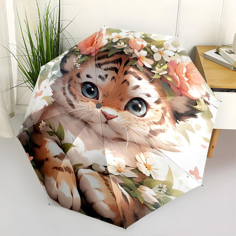 1 Stück Niedlicher Tiger Automatisches Öffnungs- und Schließschirm - Leichtes 3-fach Design, Geeignet für Fans, Reisen, Täglichen Gebrauch - Offizielles Produkt, I