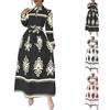 Women's Long Sleeve Lapel Button Printed Bodycon Sexy Nightclub Party Belted Dress